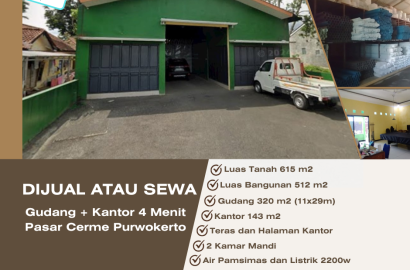 DiSewakan Gudang + Kantor 4 Menit Pasar Cerme Purwokerto