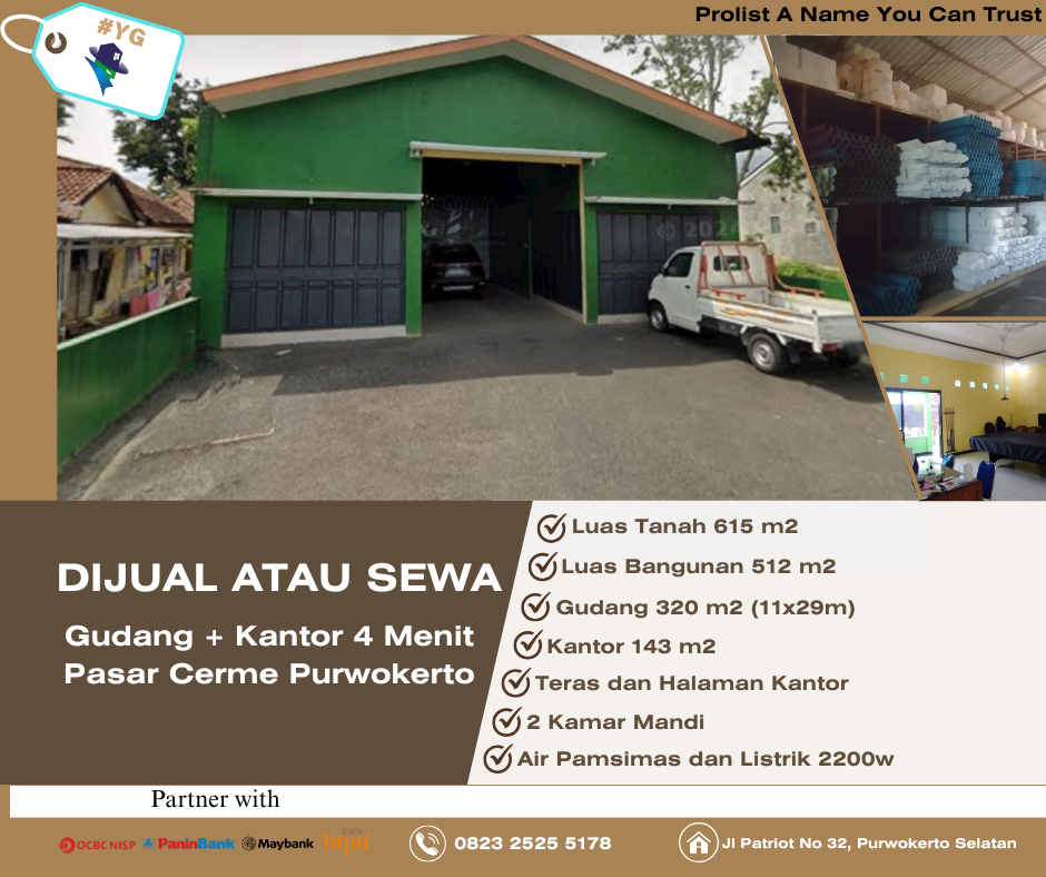 DiSewakan Gudang + Kantor 4 Menit Pasar Cerme Purwokerto